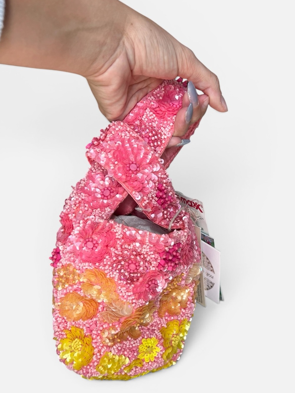 Pink & Yellow Hand Beaded Mini Bucket Bag